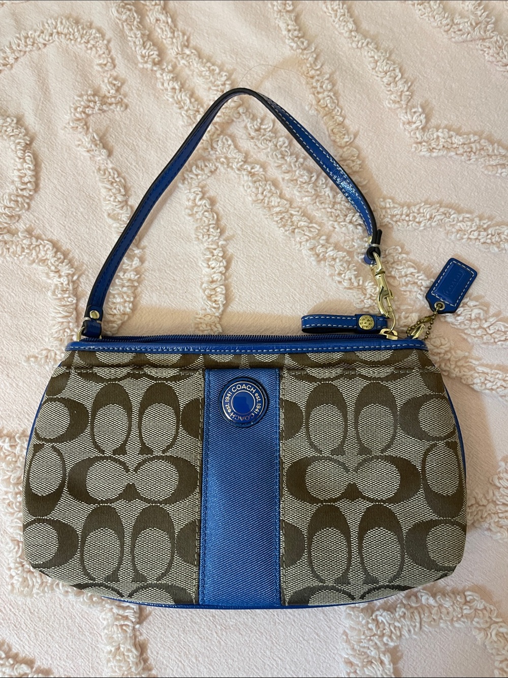 Coach Brown Signature Canvas Wristlet with Blue Leather Trim